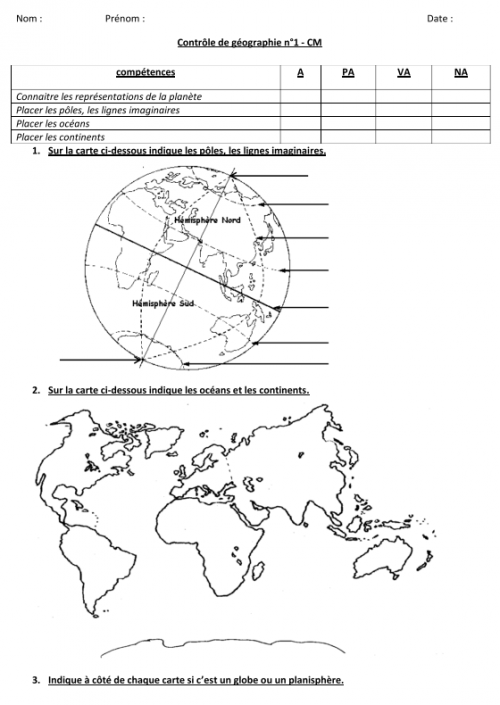 géographie : contrôle CM sur les lignes imaginaires, océans, continents