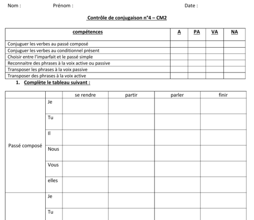 français : évaluation - contrôle de conjugaison - période 4 - CM2